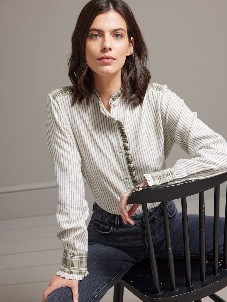 Women Cyrillus Shirts & Blouses | Women'S Stripe And Check Shirt With Ruffled Neckline