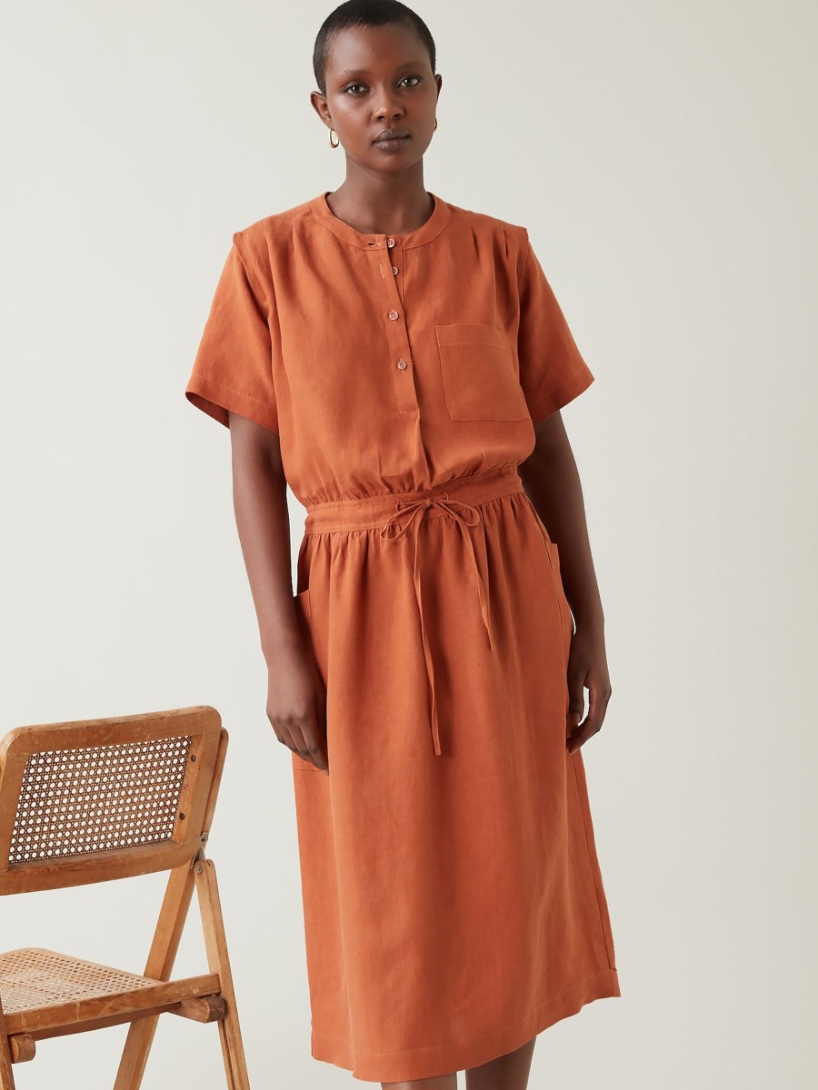 Women Cyrillus Dresses | Women'S Mid-Length Plain Linen Dress